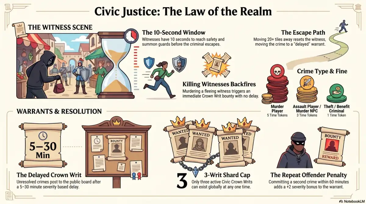 Civic Justice game-mechanics infograph showing the witness, warrant, prosecution, and parole flow connecting Trammel and Felucca Civic Justice game-mechanics infograph showing the witness, warrant, prosecution, and parole flow connecting Trammel and Felucca
