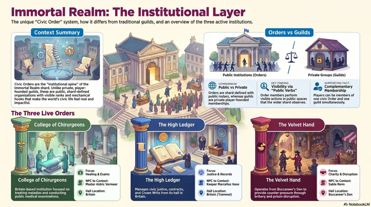 Civic Orders system overview infograph showing the College, High Ledger, and Velvet Hand membership ladders alongside their public-facing verbs Civic Orders system overview infograph showing the College, High Ledger, and Velvet Hand membership ladders alongside their public-facing verbs