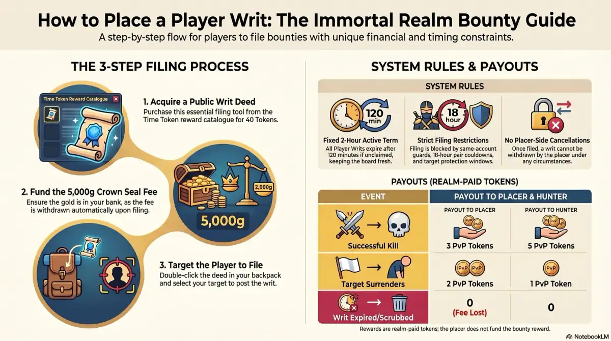Immortal Realm Bounty Guide infograph showing the writ types, hunter ranks, and reward path from board claim through prison delivery Immortal Realm Bounty Guide infograph showing the writ types, hunter ranks, and reward path from board claim through prison delivery