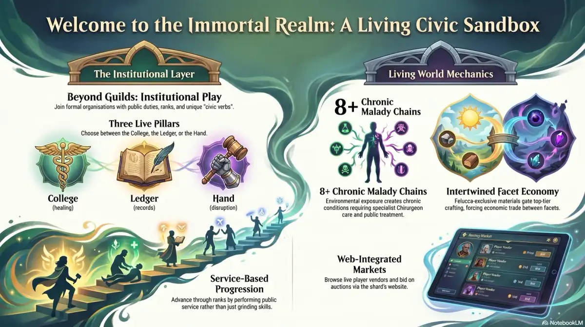 Immortal Realm civic sandbox overview infograph mapping the institutional layer, civic verbs, and how players interact with the shard's social systems Immortal Realm civic sandbox overview infograph mapping the institutional layer, civic verbs, and how players interact with the shard's social systems