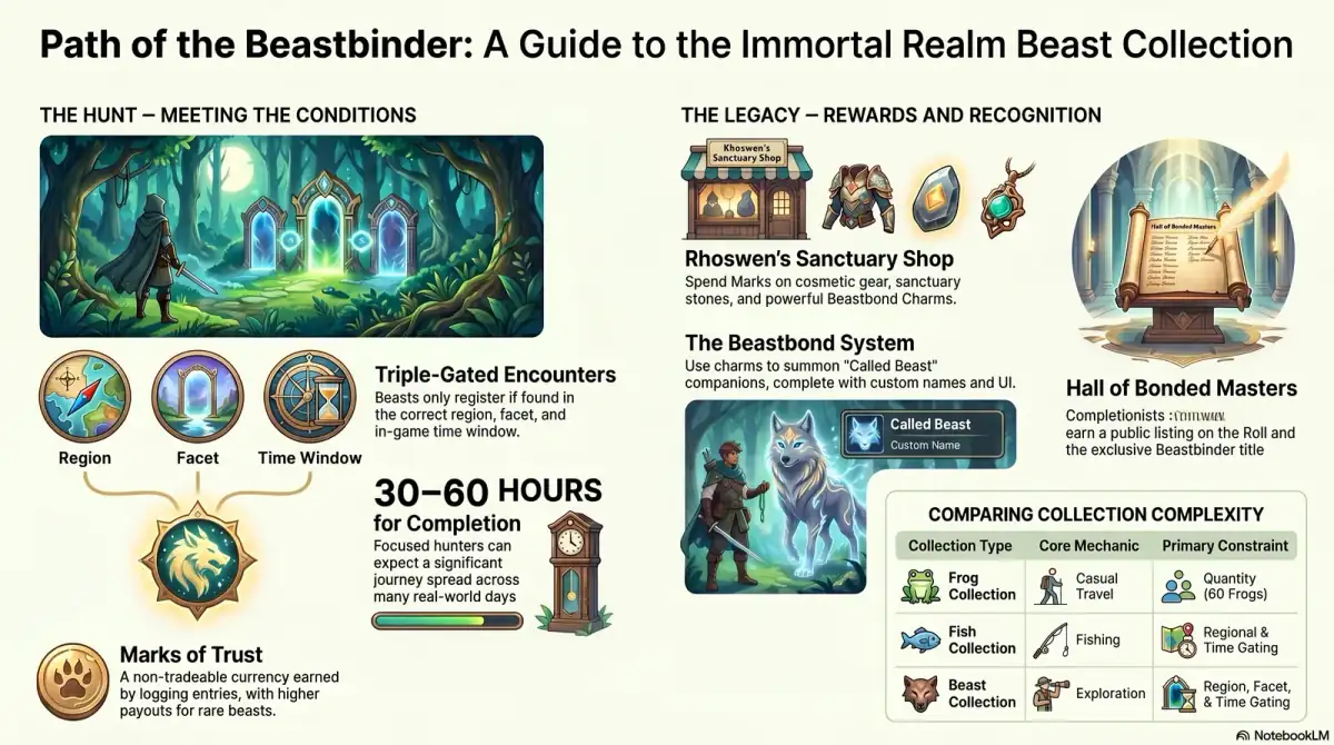 Path of the Beastbinder infograph mapping the bonding ritual, marks of trust progression, and the title-and-reward path through the collection Path of the Beastbinder infograph mapping the bonding ritual, marks of trust progression, and the title-and-reward path through the collection